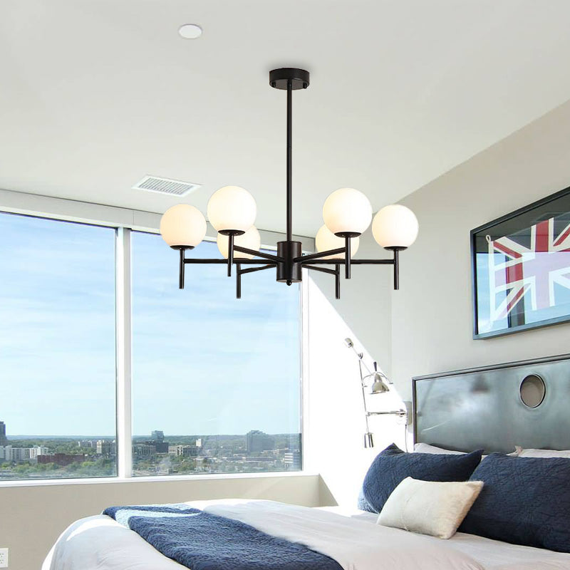 Zwart/gouden globe kroonluchter verlichting met radiaal ontwerp eigentijds 6/8/9 lichten melkglas kroonluchter hangende lamp