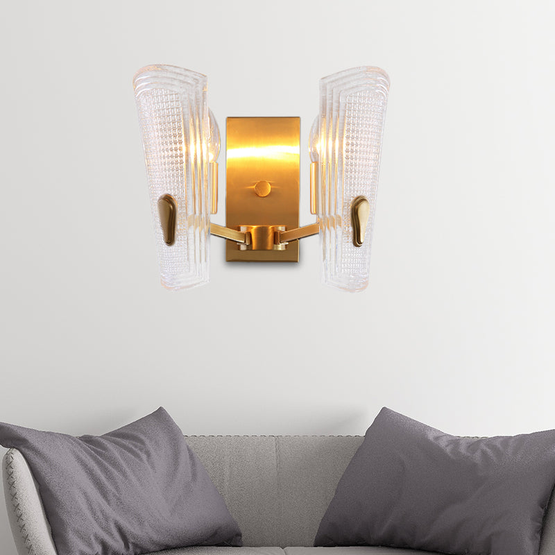 Rechteck Rückplatte Metallwand Lampe moderne Gold 1/2-Kopf-Leuchtenleuchte mit klarem prismatischem Glasschatten