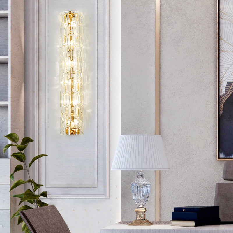 Zeitgenössische lineare Wandbeleuchtung klarer Kristall- und Metall -Multi -Licht -Wandlampe in Gold für Wohnzimmer