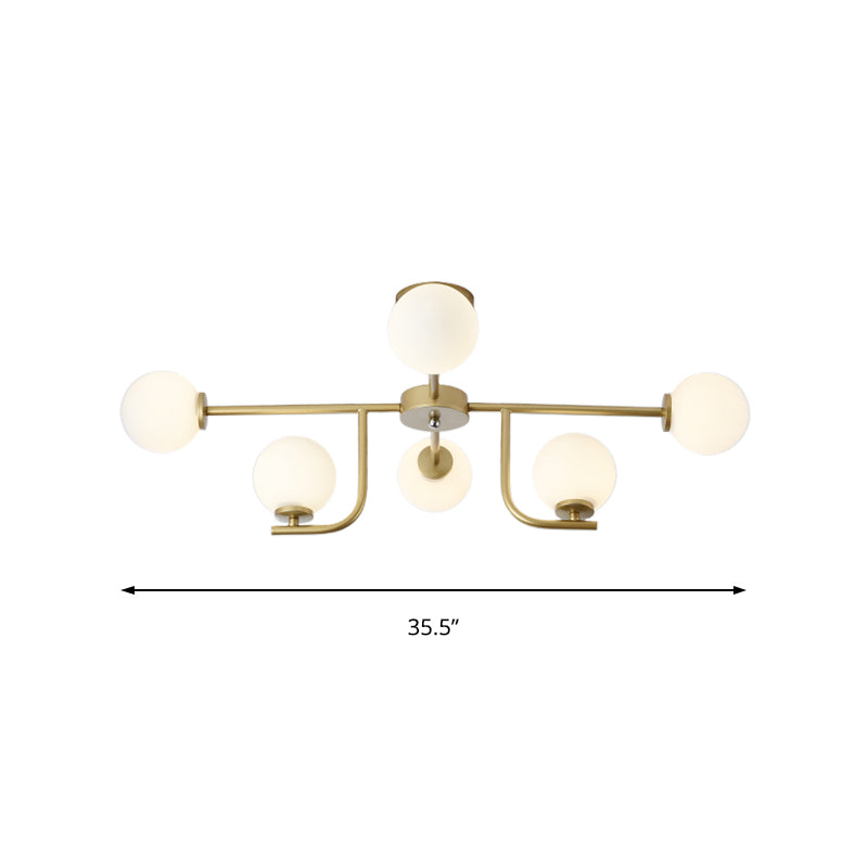Semi-plafondlamp met meerdere staven met glazen bol, modern metaal, 6/10 koppen goud, inbouwmontage voor woonkamer