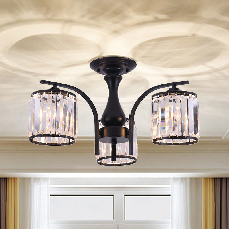 Cilinder semi-inbouwlamp met kristallen kap Scandinavisch metaal 3/5-lichts zwarte plafondlamp