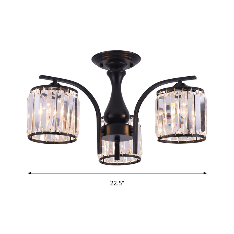 Cilinder semi-inbouwlamp met kristallen kap Scandinavisch metaal 3/5-lichts zwarte plafondlamp
