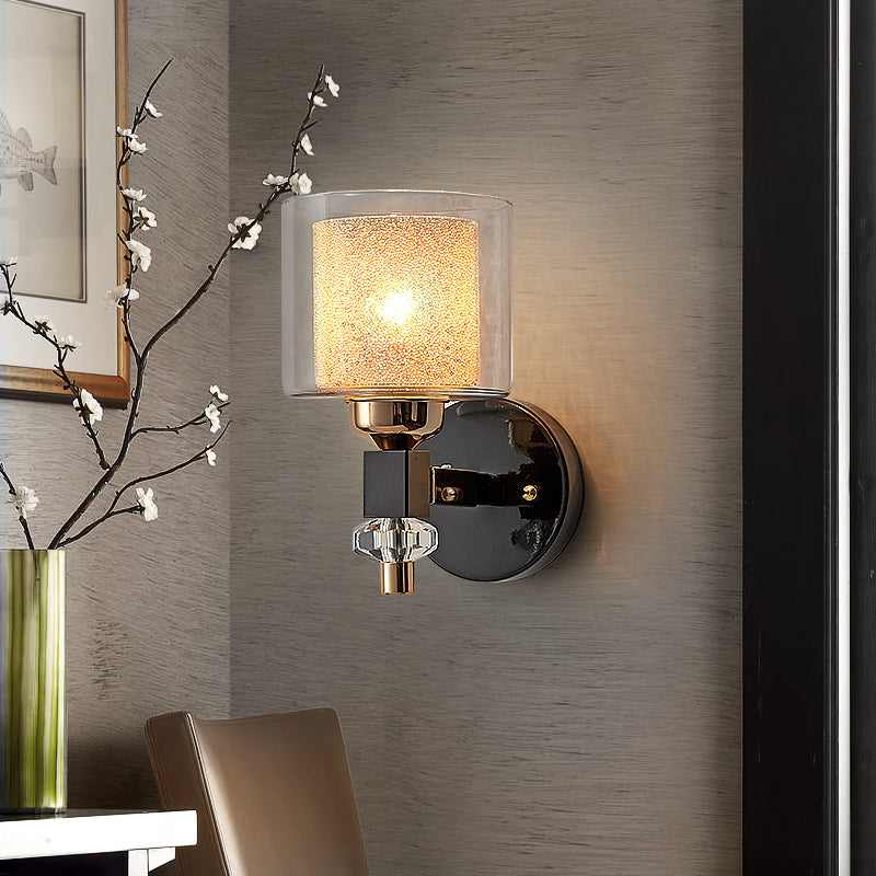 Contemporary Cylindrical Wall Mount Light Metal and Glass 1 Light Sconce Lamp in Black for Hallway