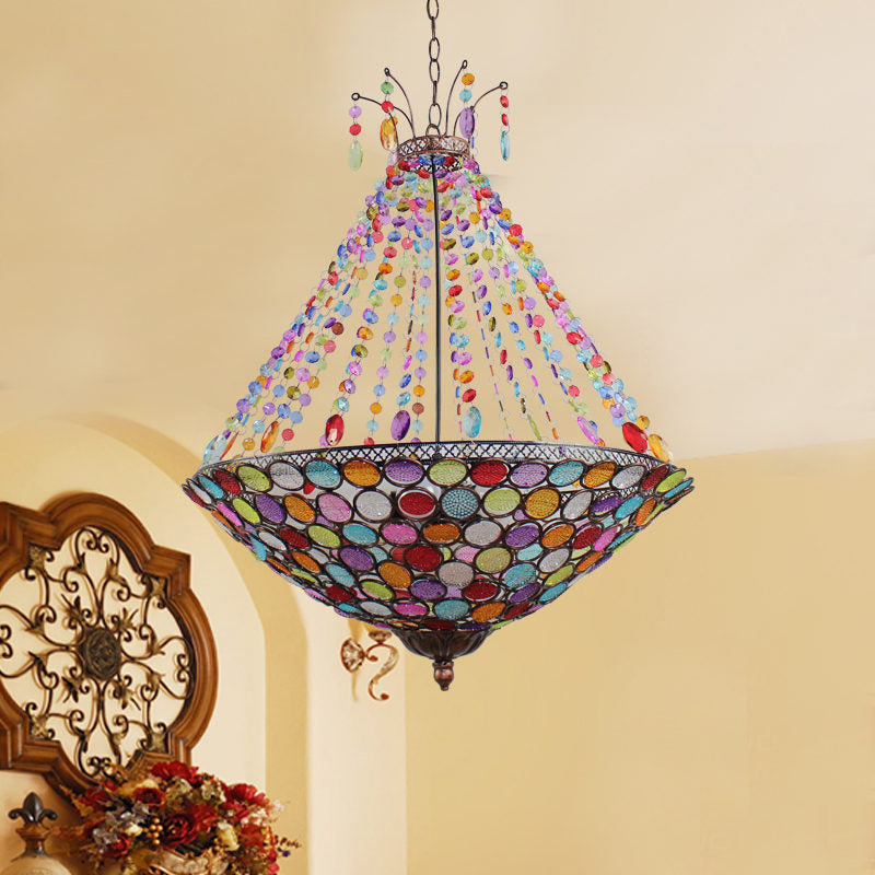 Bohemia Antique Copper Pendant Lighting with Bowl Shade 1/3/5-Bulb Crystal Ceiling Hanging Light