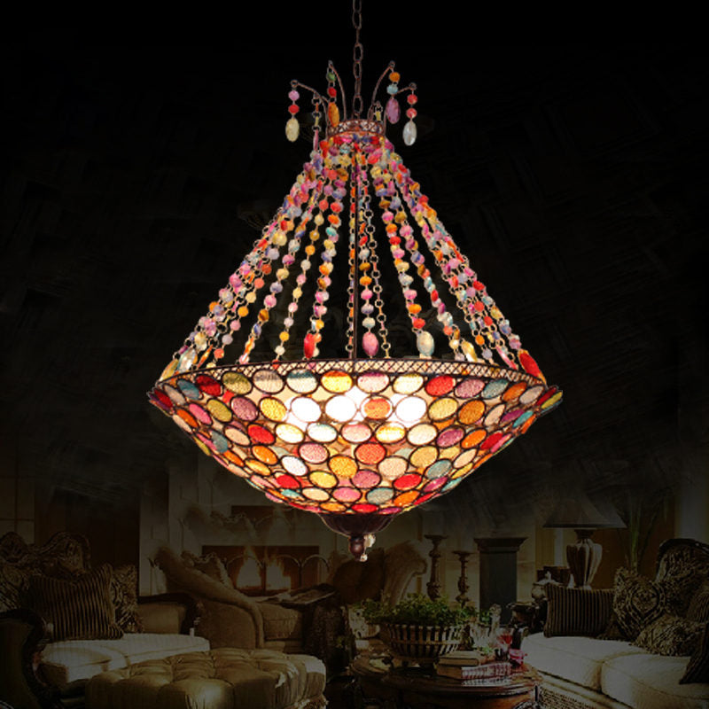 Bohemia Antique Copper Pendant Lighting with Bowl Shade 1/3/5-Bulb Crystal Ceiling Hanging Light
