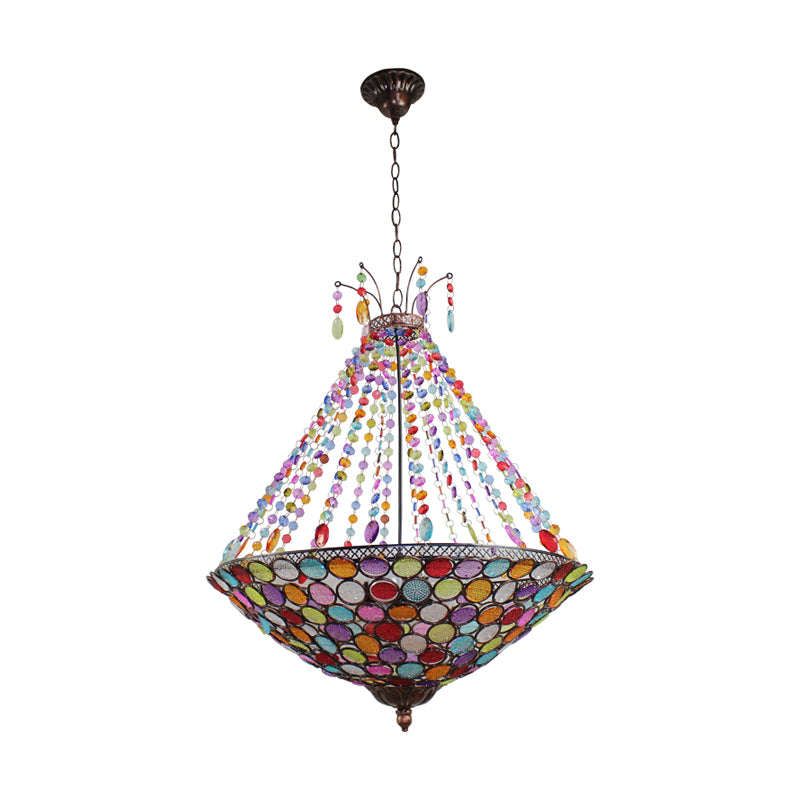Bohemia Antique Copper Pendant Lighting with Bowl Shade 1/3/5-Bulb Crystal Ceiling Hanging Light