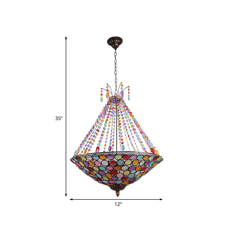 Bohemia Antique Copper Pendant Lighting with Bowl Shade 1/3/5-Bulb Crystal Ceiling Hanging Light