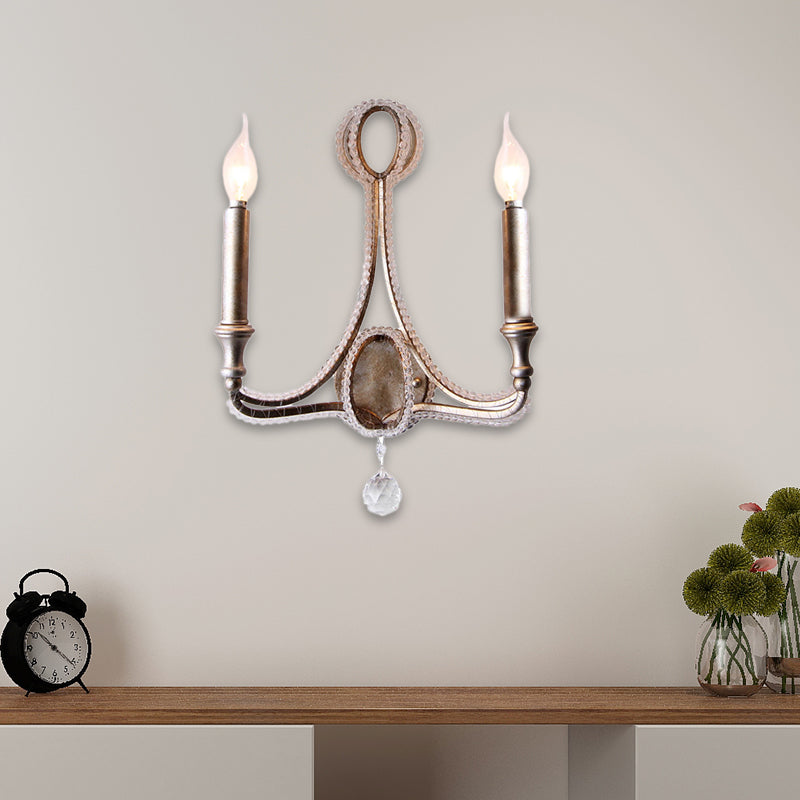 Retro Loft Fabric Wall Light Fixture 2 Heads Conical Sconce Light with Crystal Beaded Strand in Aged Silver