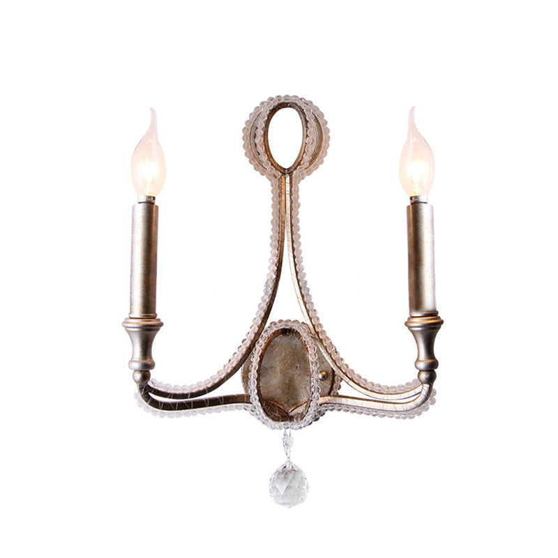 Retro Loft Fabric Wall Light Fixture 2 Heads Conical Sconce Light with Crystal Beaded Strand in Aged Silver