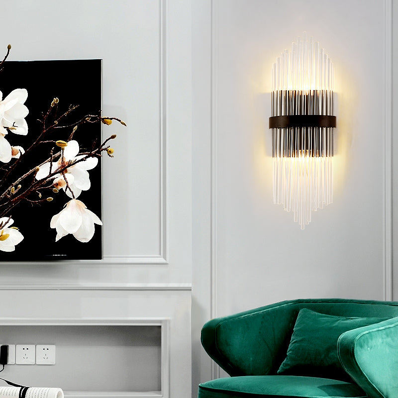 Clear Crystal Prism Wall Mounted Light Modern 2-Head Sconce Light with Metal Square Backplate in Black, 1/2-Pack