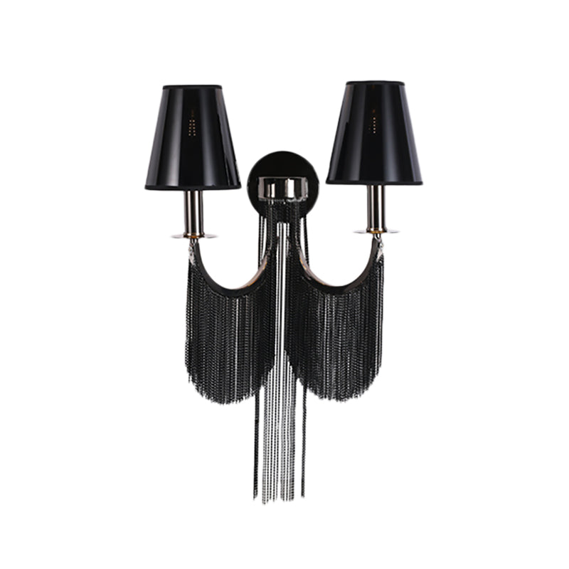 Plastic Cone Shade Wall Lamp Sconce Modernist 2 Lights Sconce Light with Aluminum Tassel in Black/Silver