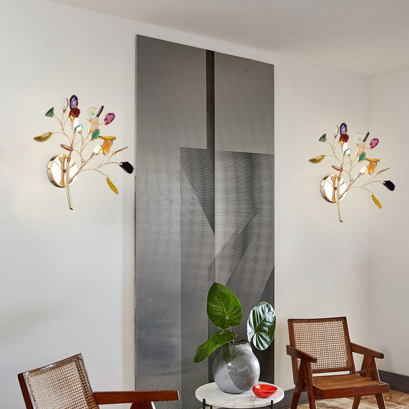 Metallic Branch Wall Lighting Fixture Lodge Style 2 Lights Sconce Light with Multi Colored Crystal Deco in Gold Finish