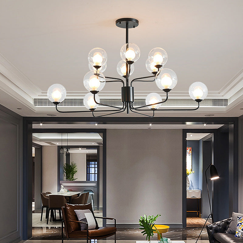 2-Tier Ball Clear Glass Chandelier with Radial Design Contemporary 8/12/18 Lights Black/Gold Hanging Light Fixture