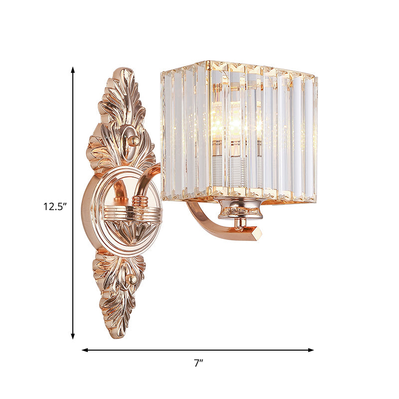 1 Light Square Wall Mount Light Contemporary Clear Crystal and Metal Wall Sconce with Carved Backplate in Rose Gold