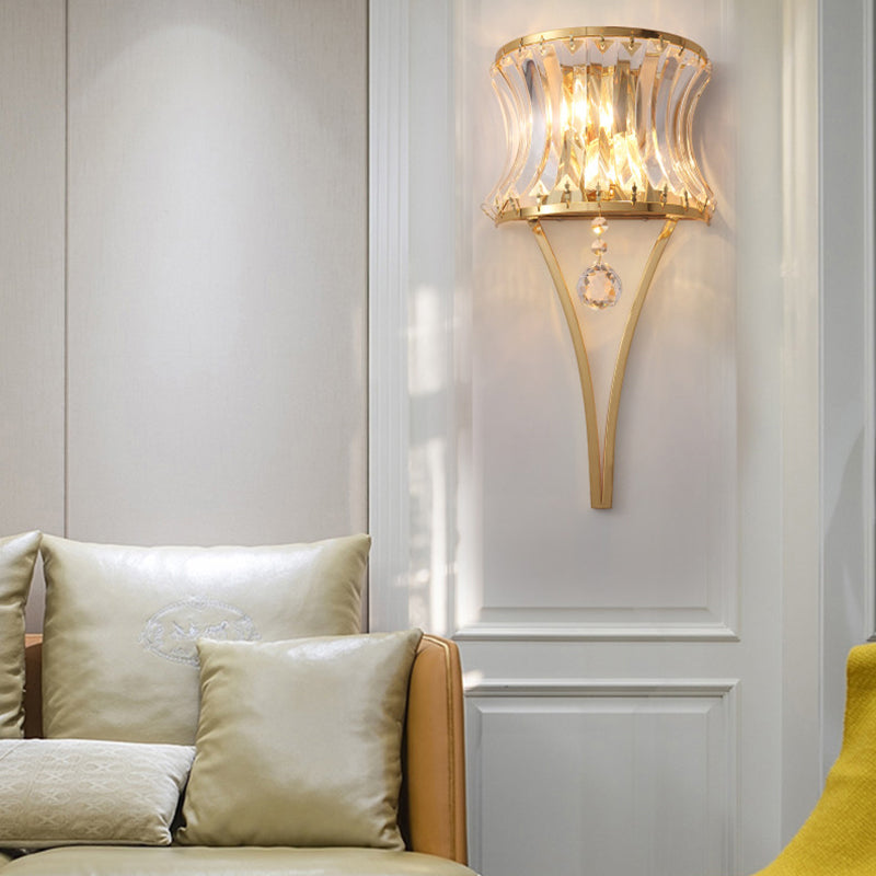 Drum Drum Metal Wall Light Vintage Style Golden 2 Lights Lampe Sconce avec un prisme de cristal clair