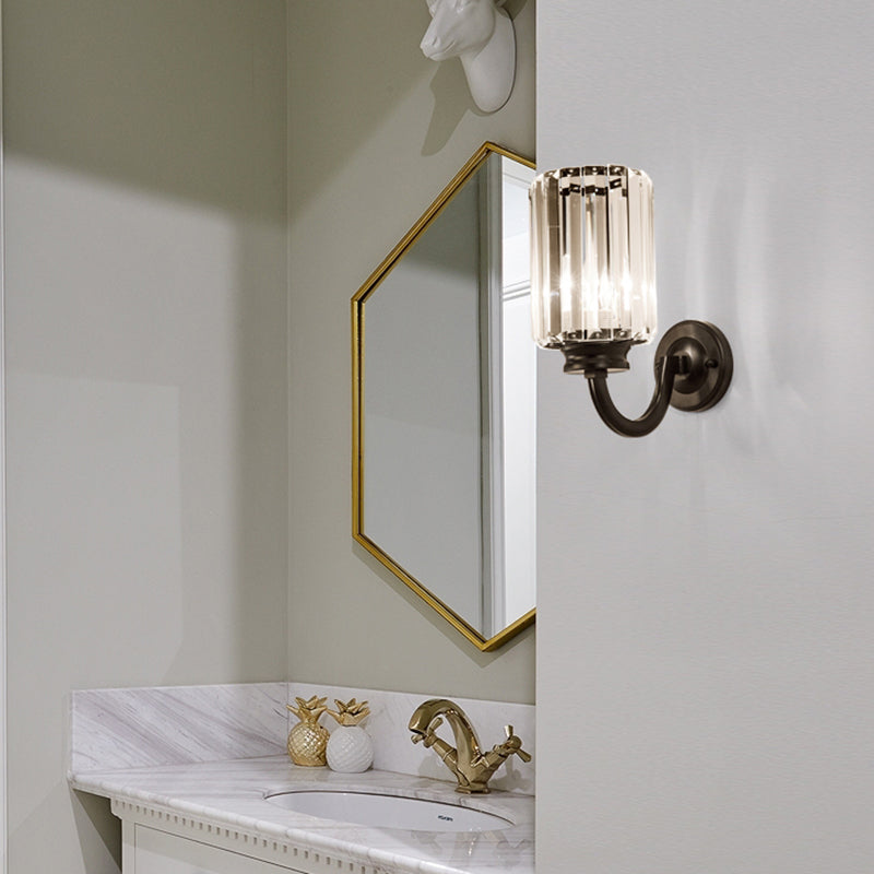 Clear Crystal Drum Wall Lamp Modernist 1 Light Sconce Light Fixture with Metal Curved Arm in Black