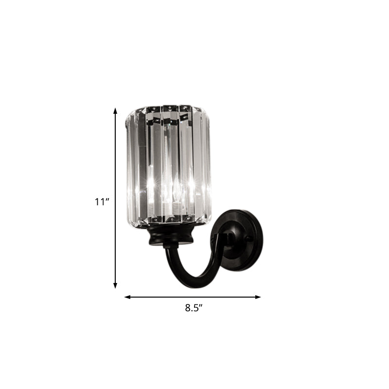 Clear Crystal Drum Wall Lamp Modernist 1 Light Sconce Light Fixture with Metal Curved Arm in Black