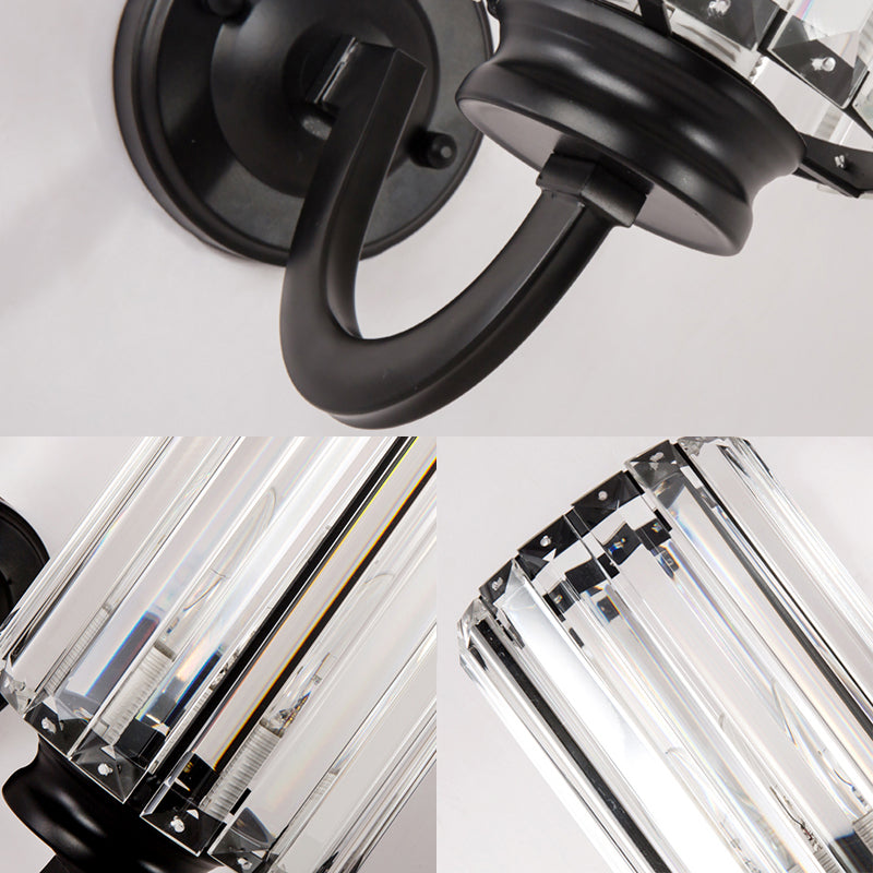 Clear Crystal Drum Wall Lamp Modernist 1 Light Sconce Light Fixture with Metal Curved Arm in Black
