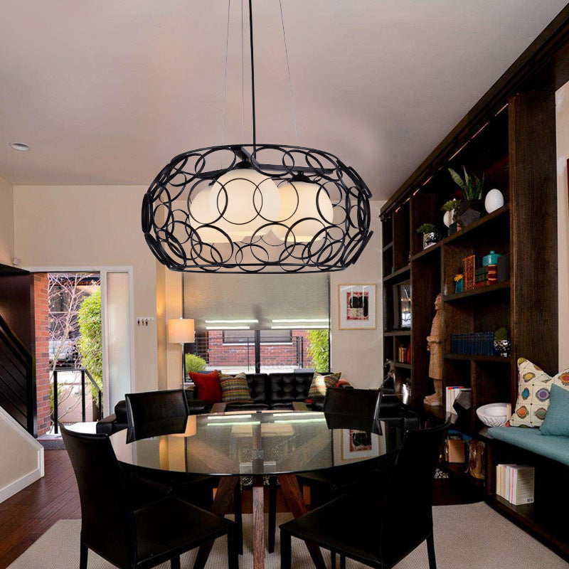 Ball White Glass Chandelier Lighting Contemporary 3 Lights White/Black Hanging Ceiling Lamp with Cage Design