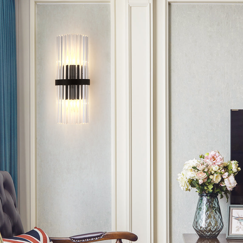 1/2-Light Pipe Wall Lighting Modernist Metal and Crystal Sconce Lamp in Black Finish for Dining Room