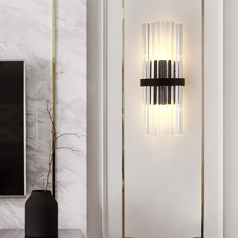 1/2-Light Pipe Wall Lighting Modernist Metal and Crystal Sconce Lamp in Black Finish for Dining Room