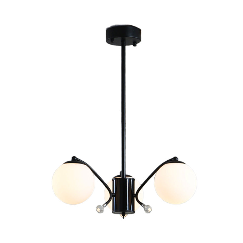 White Glass Ball Chandelier Modern 3/5/9 Lights Hanging Ceiling Fixture in Black with Curved Arm
