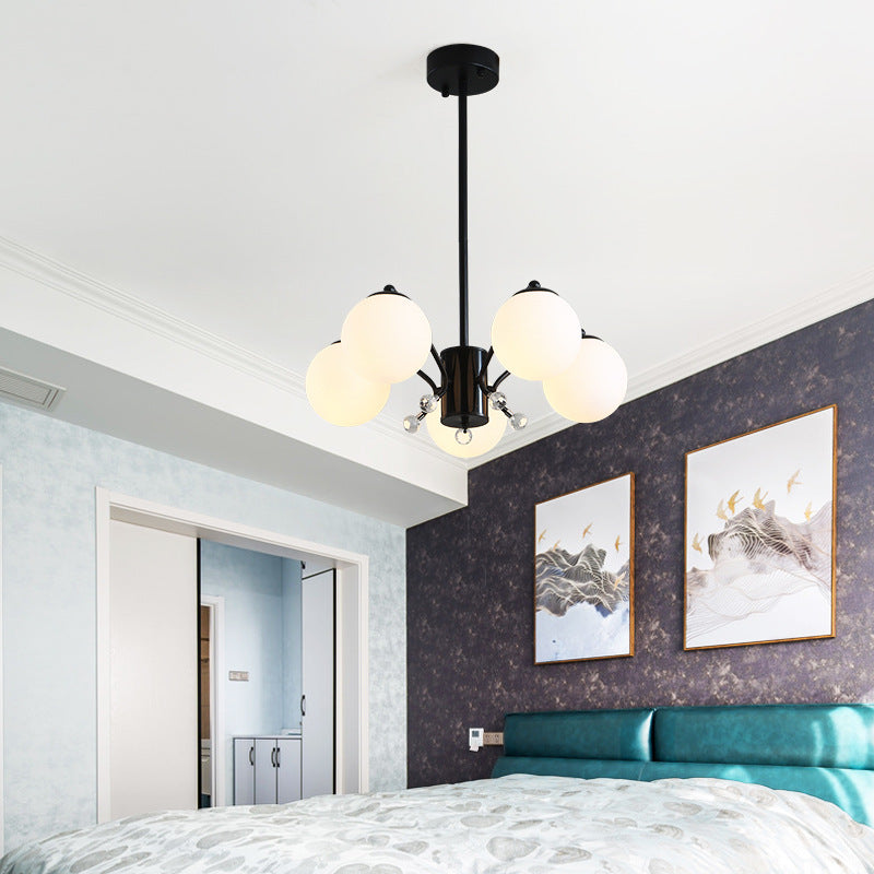 White Glass Ball Chandelier Modern 3/5/9 Lights Hanging Ceiling Fixture in Black with Curved Arm