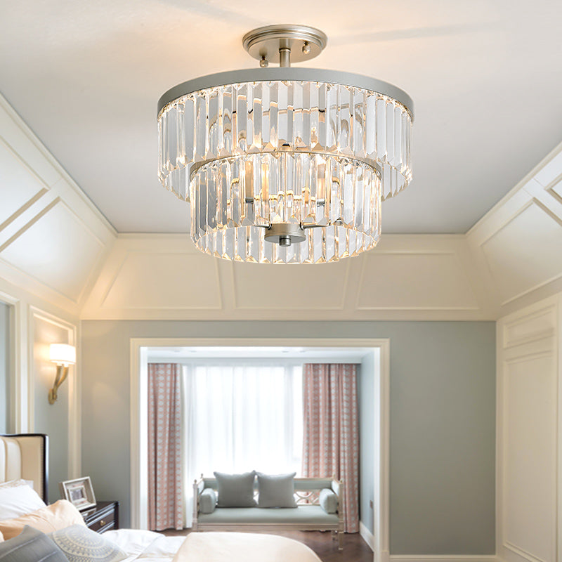 2 niveaux Round Mount Light Vintage Style Crystal clair Crystal et Metal Semi Flush Plafond Lampe en argent