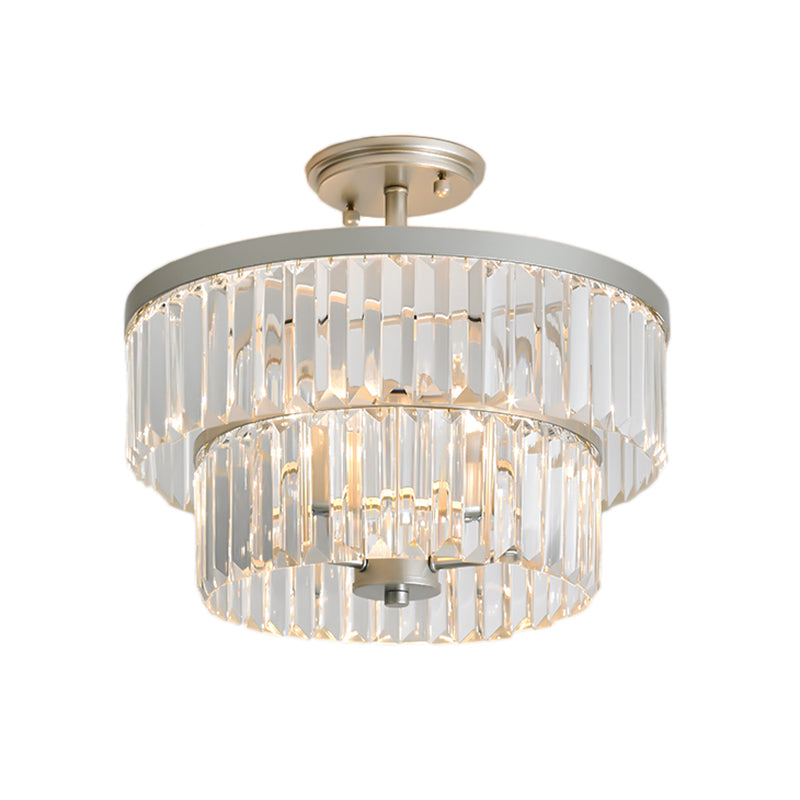 2 niveaux Round Mount Light Vintage Style Crystal clair Crystal et Metal Semi Flush Plafond Lampe en argent