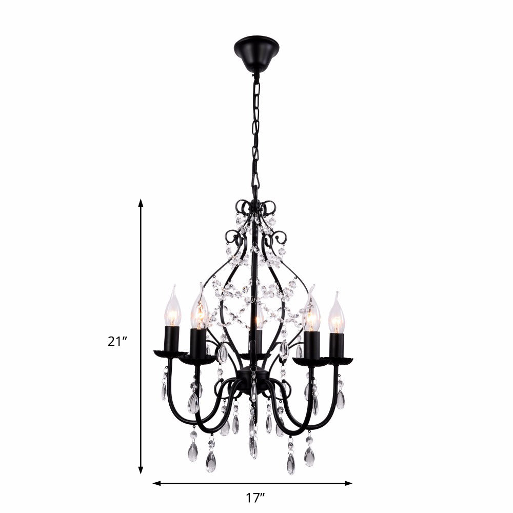 Luminaire de lustre en cristal de style industriel 5 bulbes pendante avec bougie sans flamme en noir