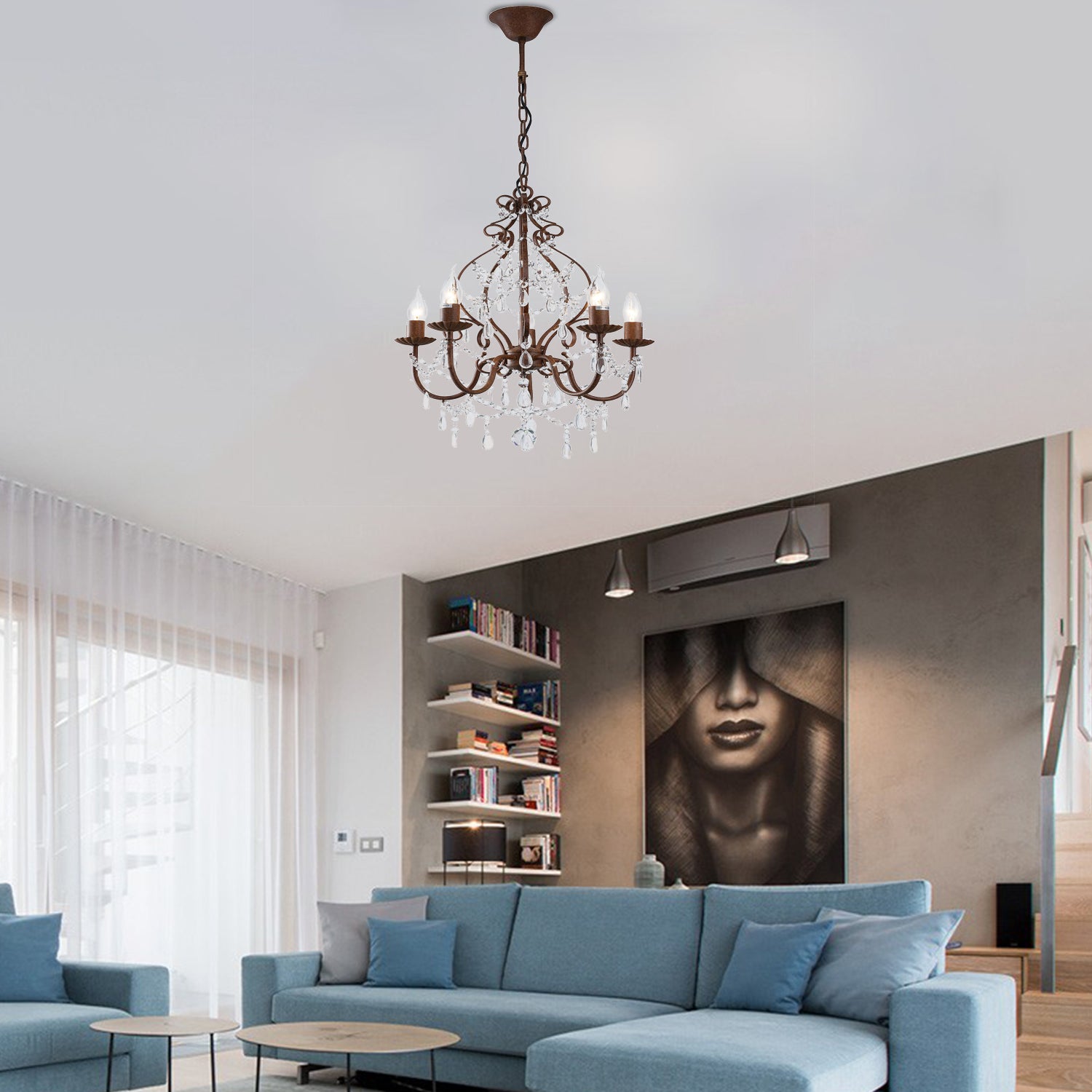 Suspension de bougie de style antique avec brin à cristal clair 5 lumières lustre lumière dans la rouille foncée pour le foyer