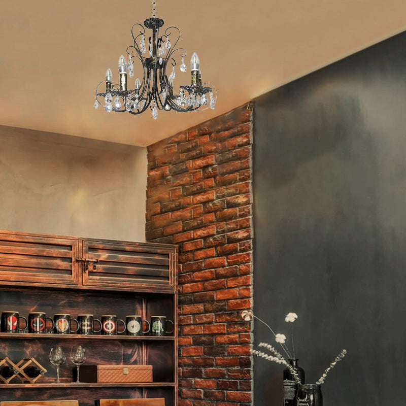 Rustieke stijl kaarsenkroonluchter verlichte smeedijzeren 6 lichten suspensielamp met kristal accent in messing