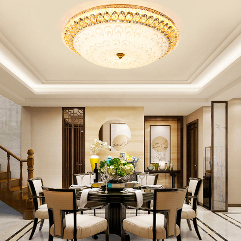 1 Light Round Flush Mount Lamp Modern Crystal Ceiling Mounted Light with Peacock Design in Warm/White Light