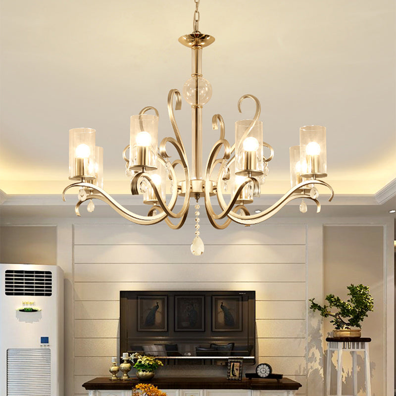 Vintage Style Cylindrical Chandelier Light Clear Glass 6/8 Lights Hanging Light with Crystal Drop in Champagne