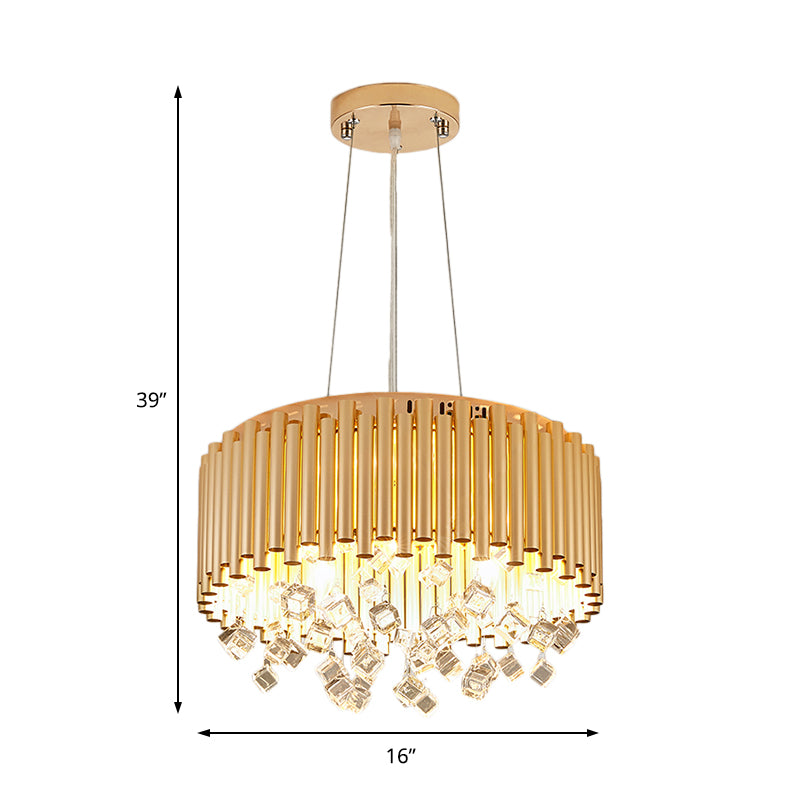 Luz de colgante colgante de 4/5 luces de tambor de lámpara de metal moderna con acento de cristal cúbico en oro, 16 "/19.5" W
