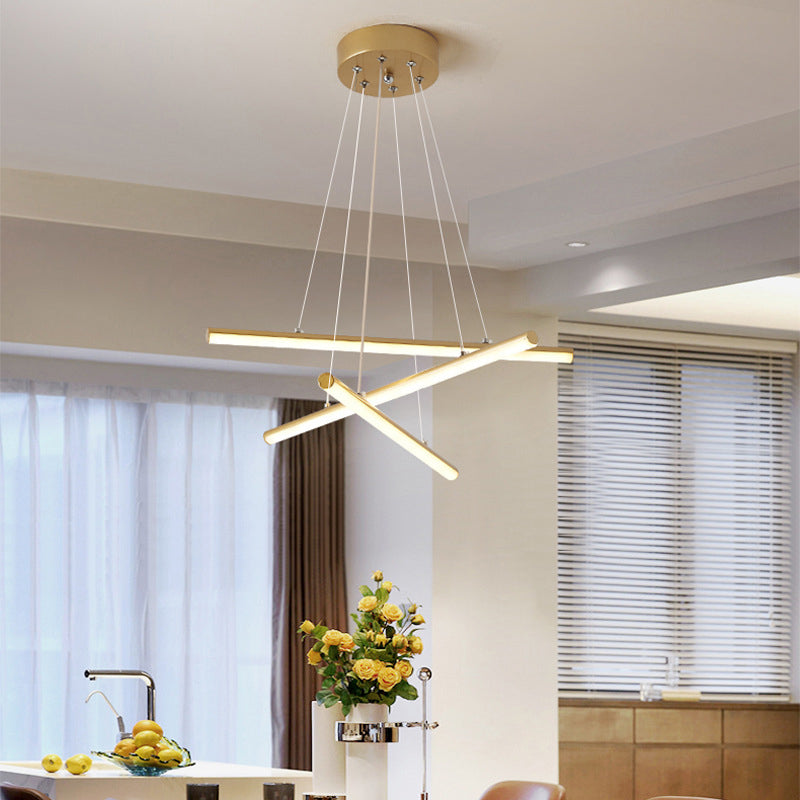 LED Dining Room Chandelier with Linear Acrylic Shade Modern Black/Gold Hanging Light Fixture in Warm/White Light