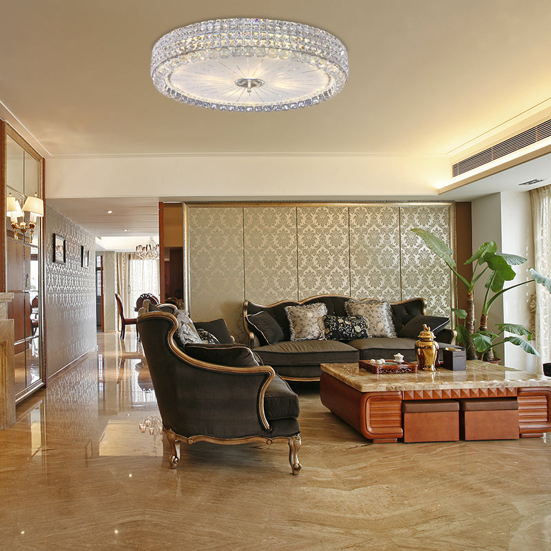 16"/19.5" W Drum Flush Mount Lamp Contemporary Clear Crystal Multi-Head Flush Mount Ceiling Light in Chrome