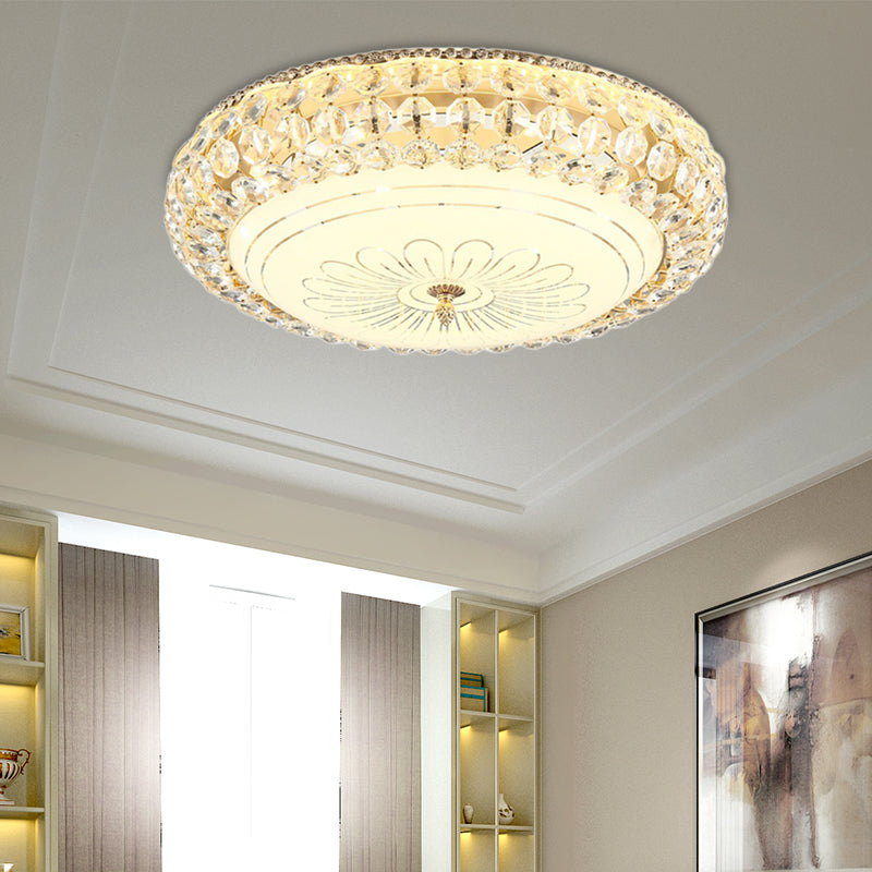 LED Round Ceiling Flush Mount Contemporary Frosted Glass Flush Light with K9 Crystal in Gold, 12"/16" Wide