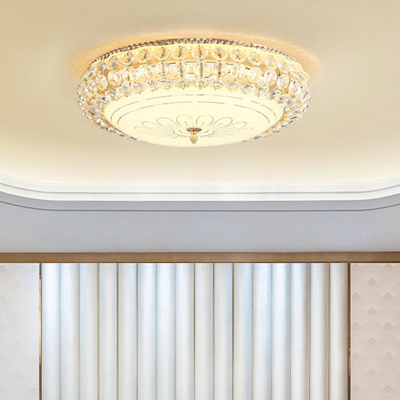 LED Round Ceiling Flush Mount Contemporary Frosted Glass Flush Light with K9 Crystal in Gold, 12"/16" Wide