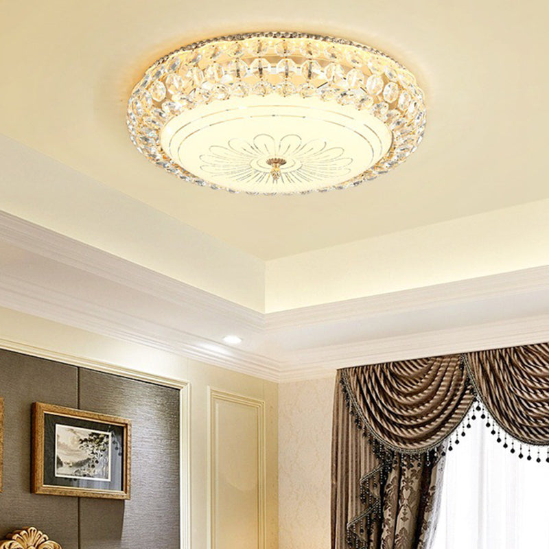 LED Round Ceiling Flush Mount Contemporary Frosted Glass Flush Light with K9 Crystal in Gold, 12"/16" Wide