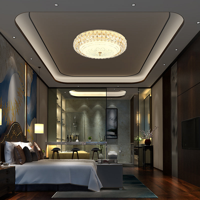LED Round Ceiling Flush Mount Contemporary Frosted Glass Flush Light with K9 Crystal in Gold, 12"/16" Wide