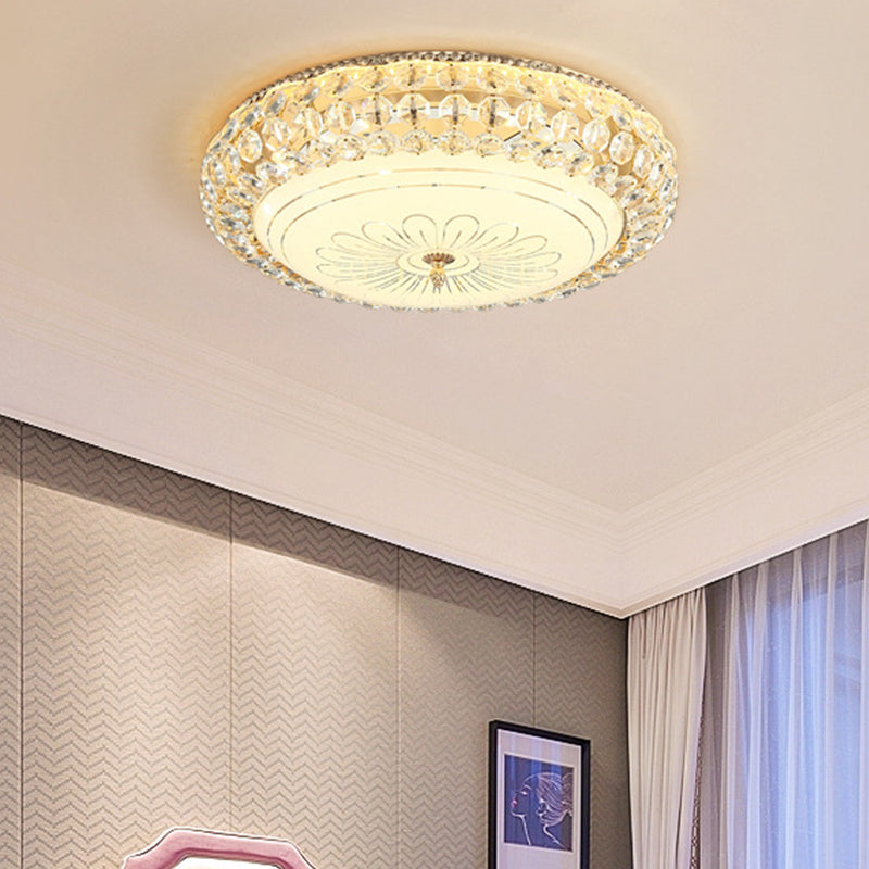 LED Round Ceiling Flush Mount Contemporary Frosted Glass Flush Light with K9 Crystal in Gold, 12"/16" Wide