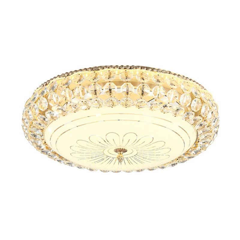 LED Round Ceiling Flush Mount Contemporary Frosted Glass Flush Light with K9 Crystal in Gold, 12"/16" Wide