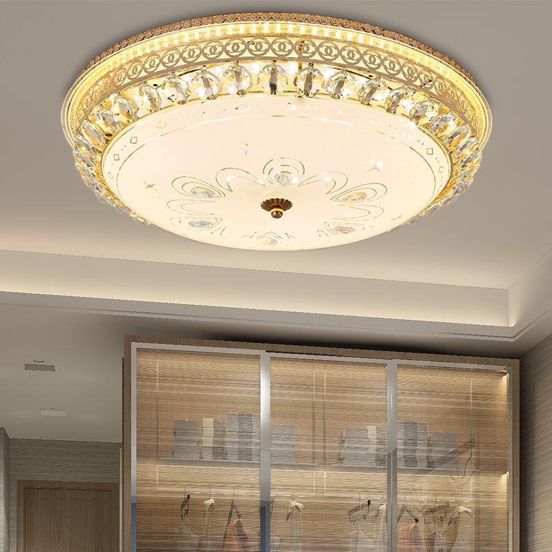 16"/19.5" W Round Flush Mount Light Bedroom Opal Glass LED Modern Flush Ceiling Light with Crystal Accent in Gold