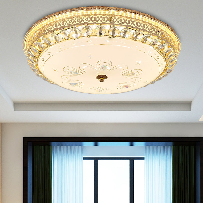 16"/19.5" W Round Flush Mount Light Bedroom Opal Glass LED Modern Flush Ceiling Light with Crystal Accent in Gold