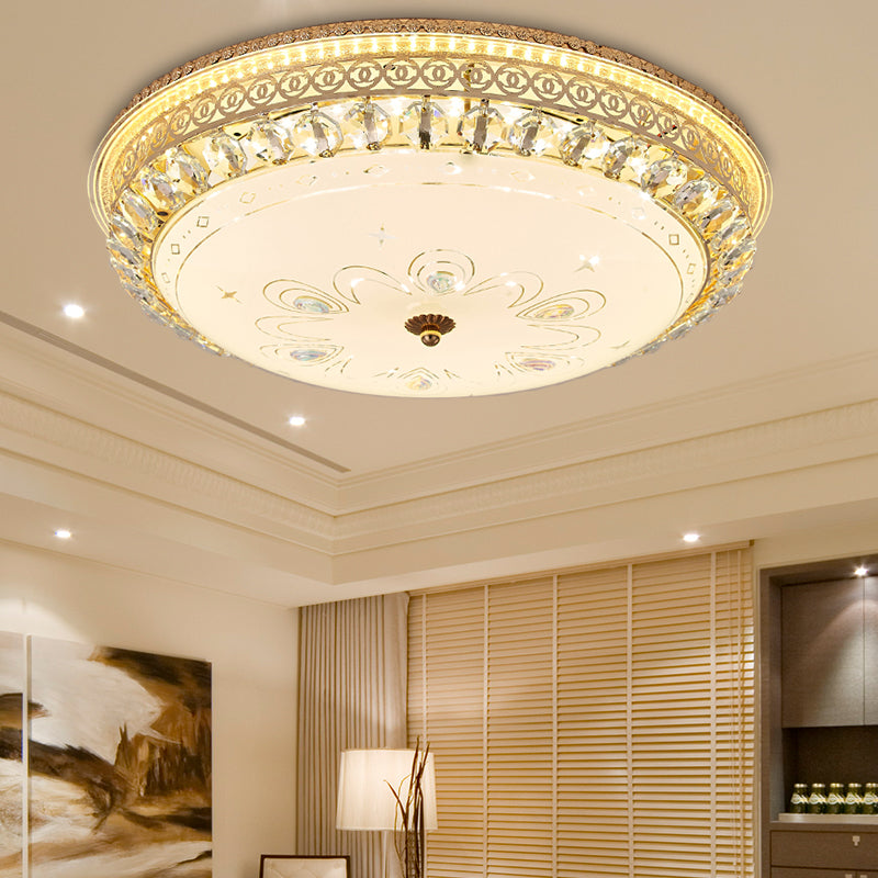 16"/19.5" W Round Flush Mount Light Bedroom Opal Glass LED Modern Flush Ceiling Light with Crystal Accent in Gold