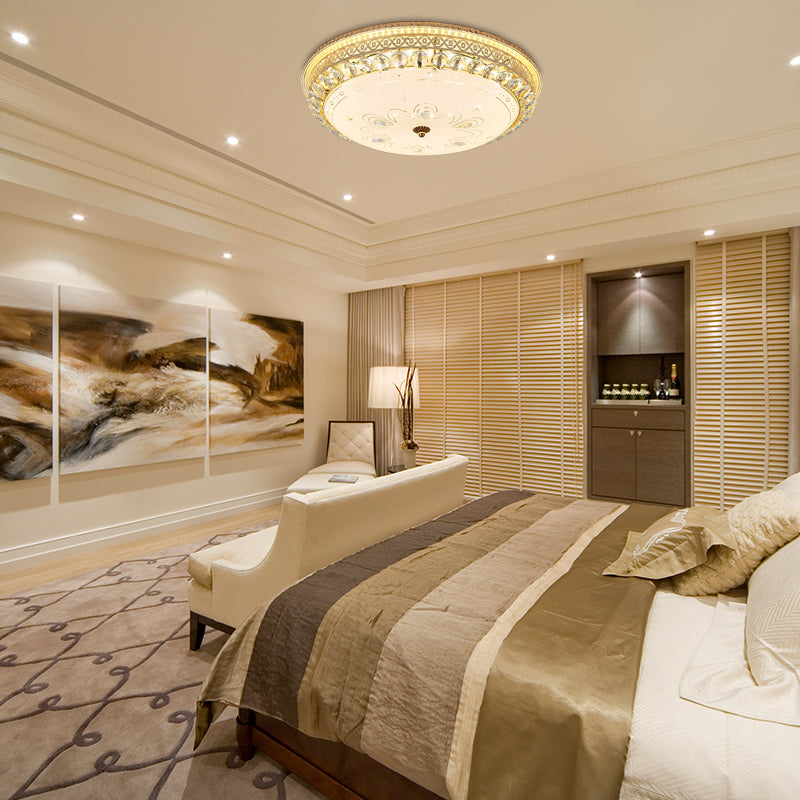 16"/19.5" W Round Flush Mount Light Bedroom Opal Glass LED Modern Flush Ceiling Light with Crystal Accent in Gold