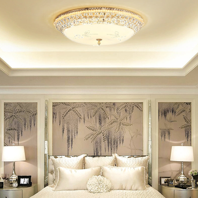 Modernist Bowl Flush Lighting White Glass en Clear Crystal LED Flush Hanger Light voor slaapkamer, 12 "/16" Dia