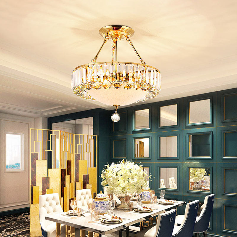 Drum Semi Mount Lighting Vintage Metal and Clear Crystal Ceiling Lighting with Milk Glass Diffuser in Gold