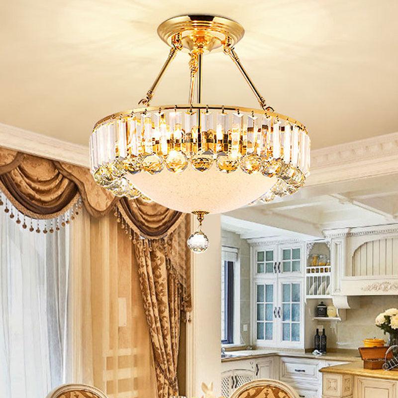 Drum Semi Mount Lighting Vintage Metal and Clear Crystal Ceiling Lighting with Milk Glass Diffuser in Gold